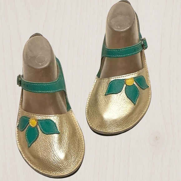 Softstar Merry Jane SIZE 6 WIDE Metallic Gold /Turquoise Leather Minimalist Shoe - Picture 4 of 12